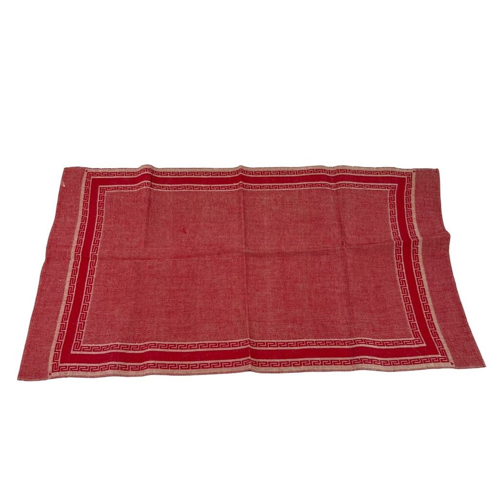 Vintage Red Greek Key Textile Table Runner Woven Linen Decor